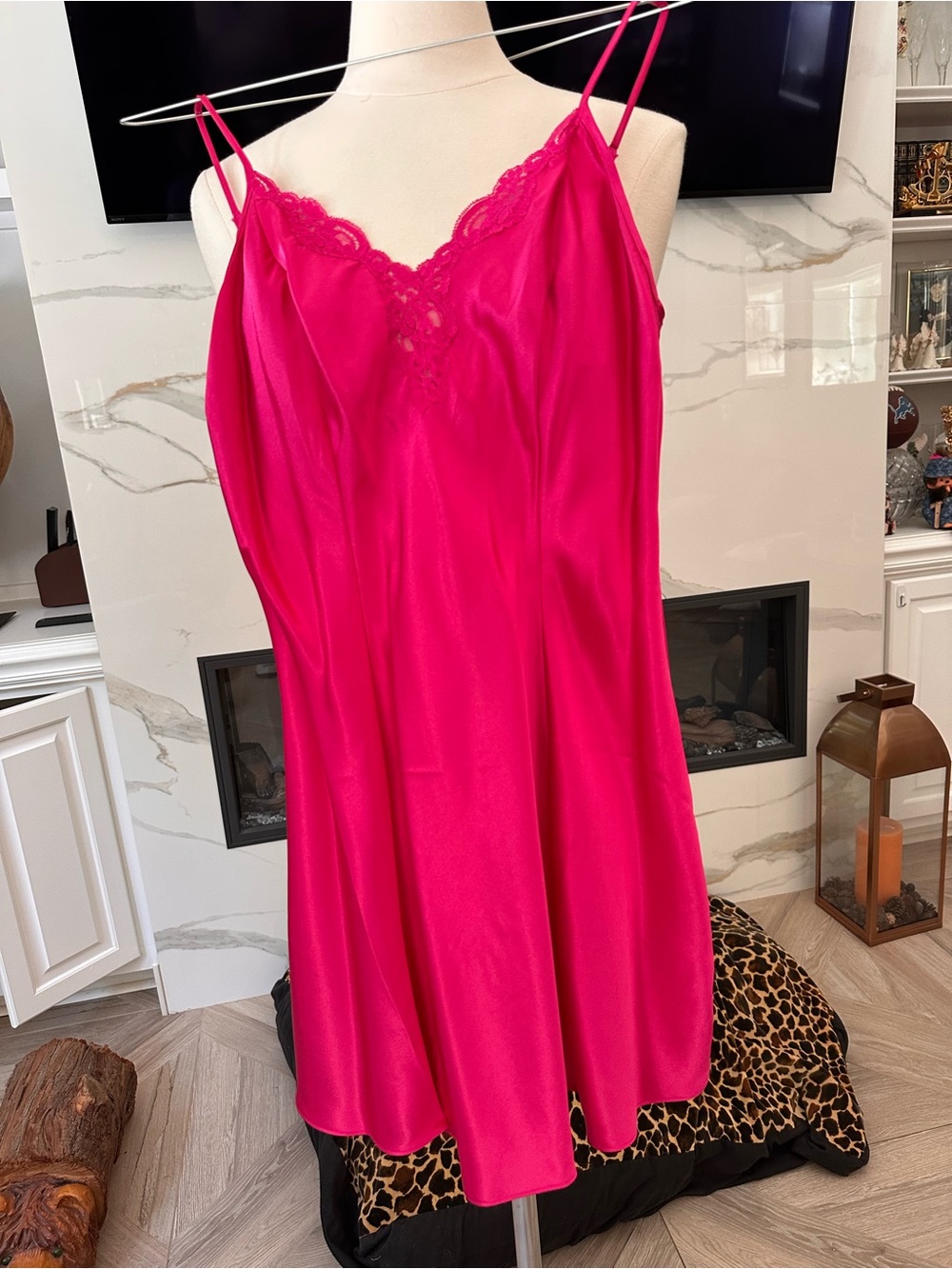 Vintage Victorias Secret Hot Pink Lace-Trim Satin Slip Dress